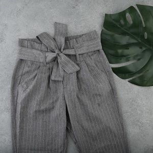 grey pinstripe pleated paper bag trouser pants